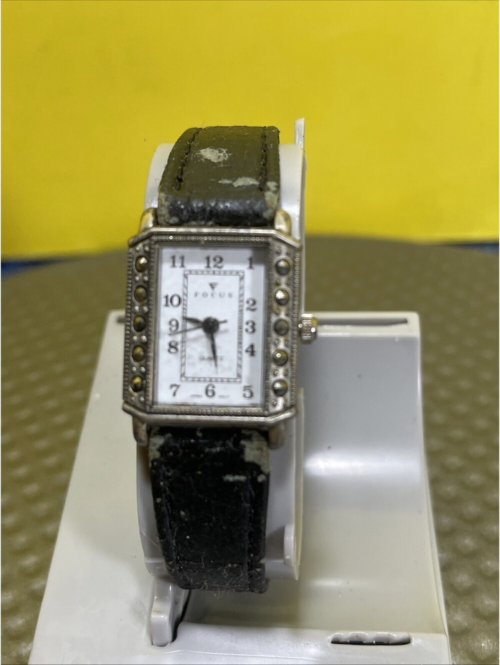 Vintage Focus Silver Tone Marcasite Ladies Quartz Watch With Leather Band Works